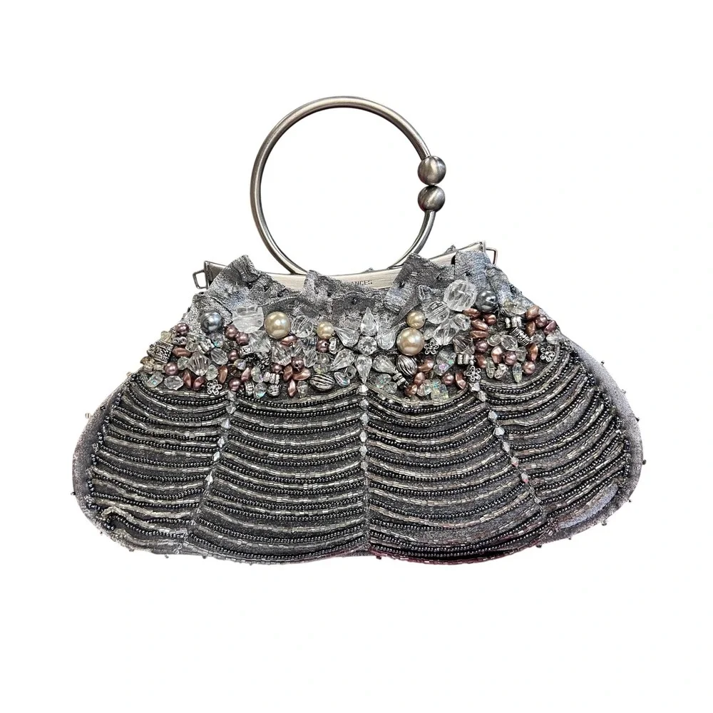 Mary Frances Beaded Evening Clutch Women OS Silver‎ Excellent Pearl Crystal Bag